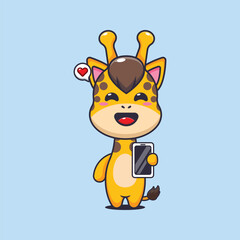 Cute giraffe with mobile phone cartoon vector illustration
