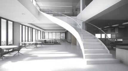 Obraz premium Modern Office Interior Design: Sleek White Staircase and Open Workspace