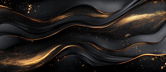 Elegant abstract waves in black and gold flowing diagonally across the image creating a luxurious and dynamic background design.