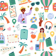 Seamless travel pattern with people and elements