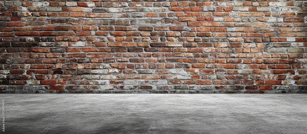 Poster empty brick wall with textured red and gray bricks in background and polished concrete floor, ideal 