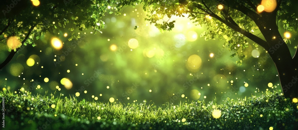 Aufkleber lush green park with blurred trees and glowing bokeh lights creating a dreamy summer atmosphere, hig