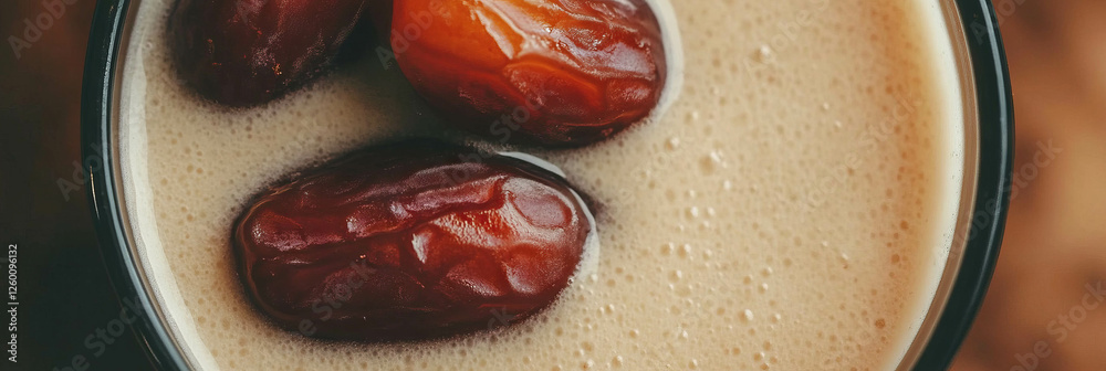 Poster Light brown milk topped with sliced dates for a delightful treat from above