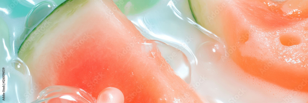 Poster Light cream milk with fresh sliced melon in a refreshing top view presentation