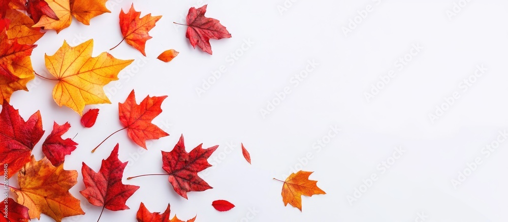 Poster vibrant autumn maple leaves in shades of red orange and yellow scattered on a white background creating a seasonal vibe with plenty of negative space