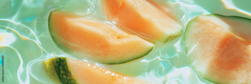 Poster creamy milk complemented by fresh melon slices and delicate ripples in a tranquil setting