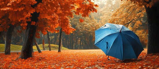 Vibrant autumn scene featuring a blue umbrella amidst orange and yellow leaves on the ground in a serene park setting with trees.