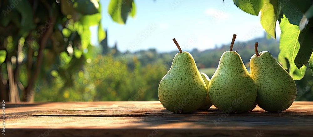 Poster three bright green pears placed neatly on a rustic wooden table in a sunny garden setting with vibra