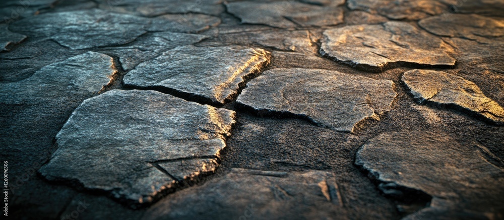 Aufkleber Textured background of cracked dark asphalt with a rich deep tone featuring uneven stone-like patches set against a soft gradient light to the side