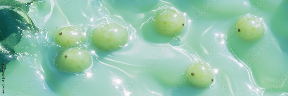 Poster light green milk with gooseberries floating and rippling in a refreshing top view