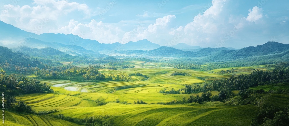 Poster birds eye view of lush green rice fields on rolling hills under a bright blue sky with fluffy clouds