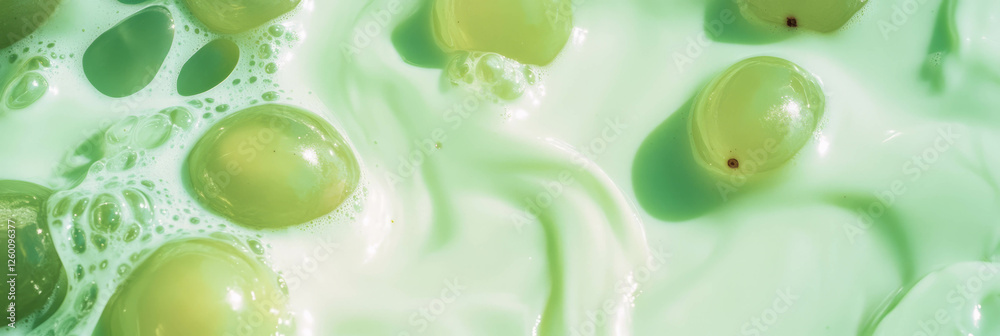 Poster refreshing light green milk with grape halves creates a delightful visual experience