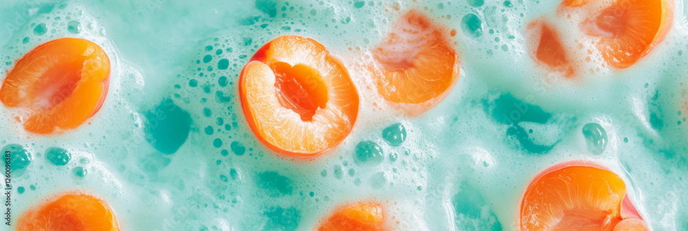 Poster Light orange milk mingling with apricot halves creating a vibrant display from above