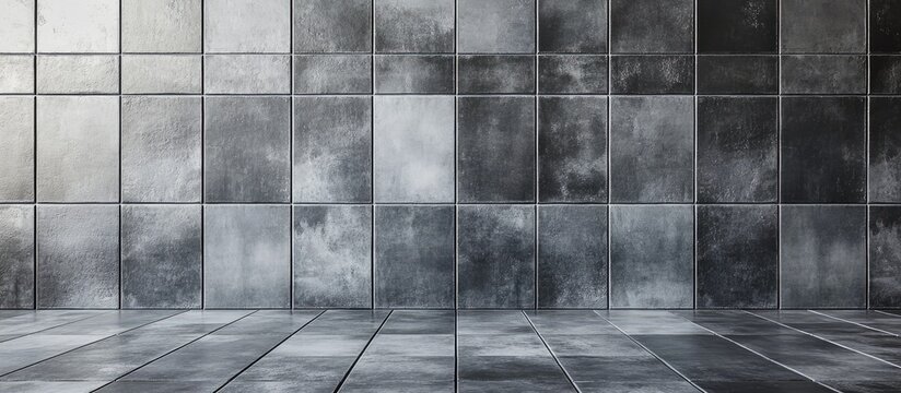Gray tile wall and floor with a cohesive gray aesthetic featuring a textured surface and even lighting creating a modern minimalist backdrop