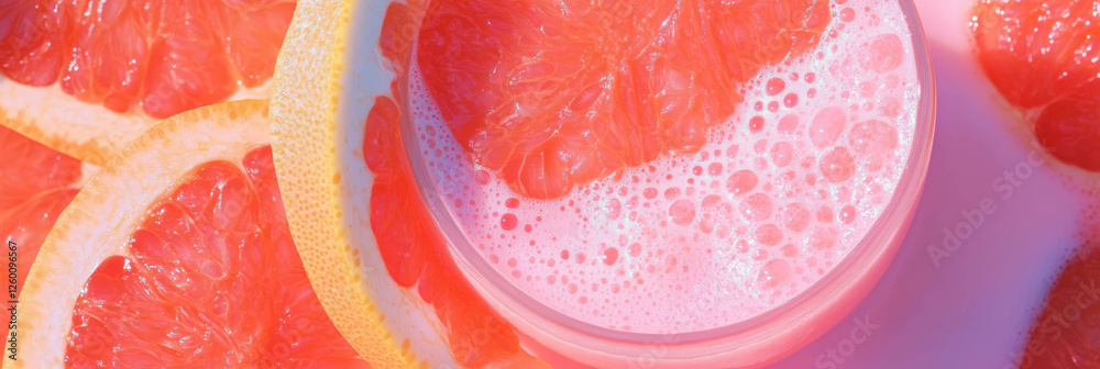 Poster refreshing light pink milk with grapefruit segments and vibrant ripples in summer setting