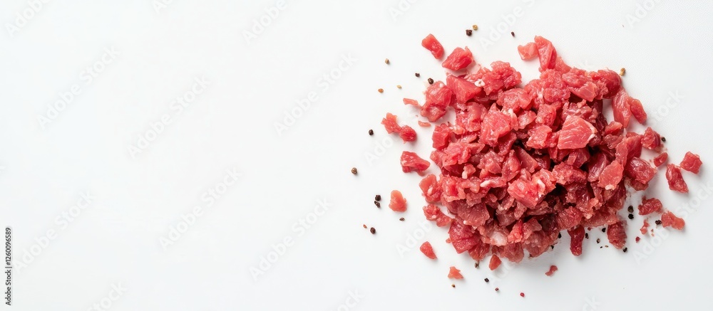 Poster chopped red minced meat on a plain white background with scattered black pepper highlighting its fre