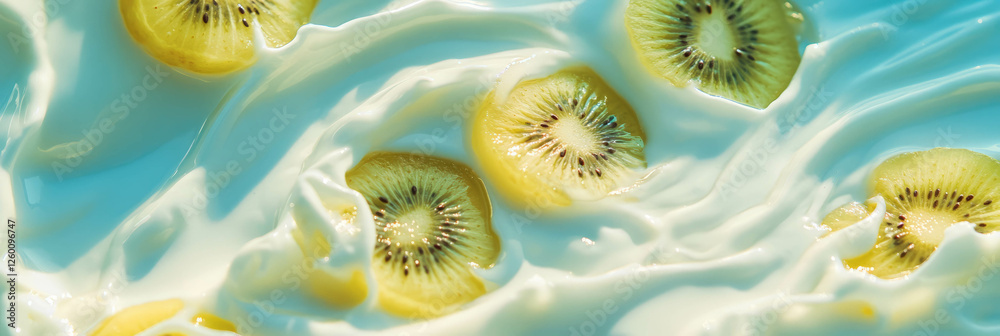 Poster delicious light yellow milk with sliced yellow kiwi creating beautiful ripples and patterns