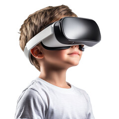 enthusiastic caucasian boy 9-10 years old in virtual reality glasses, isolate on white background