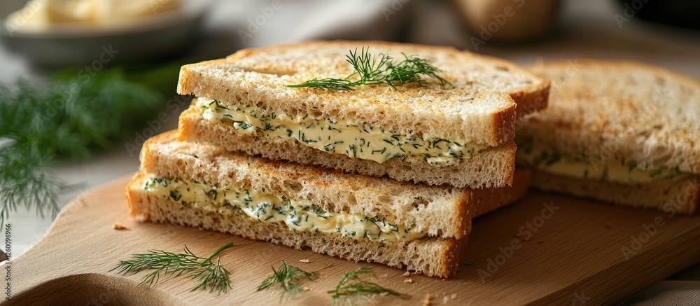 Poster Cereal bread sandwiches with butter and fresh dill on a wooden cutting board with a blurred dining setting in the background.