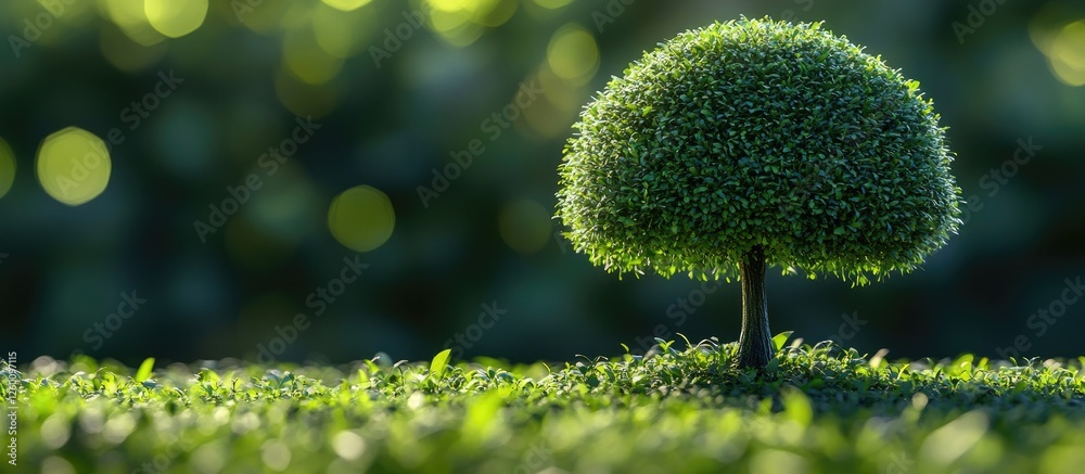 Poster bokeh green background with a small spherical tree in a park garden lush green grass under soft sunl