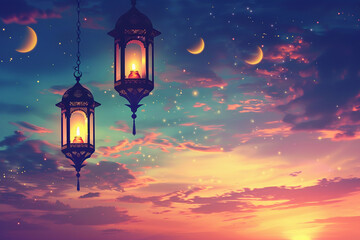 Beautiful greeting card with holiday composition for happy celebrate Ramadan, abstract vivid composition consists of fictional unreal fantastic vision on background