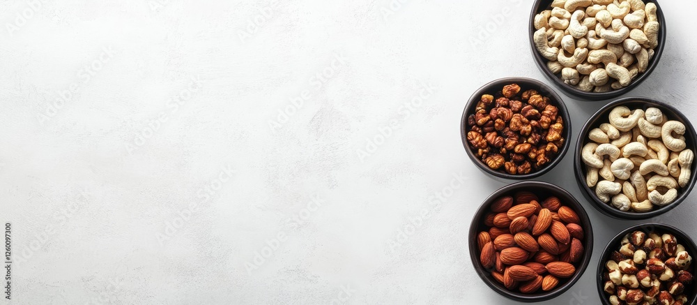 Poster bowls filled with assorted nuts including cashews and almonds arranged on a light textured backgroun