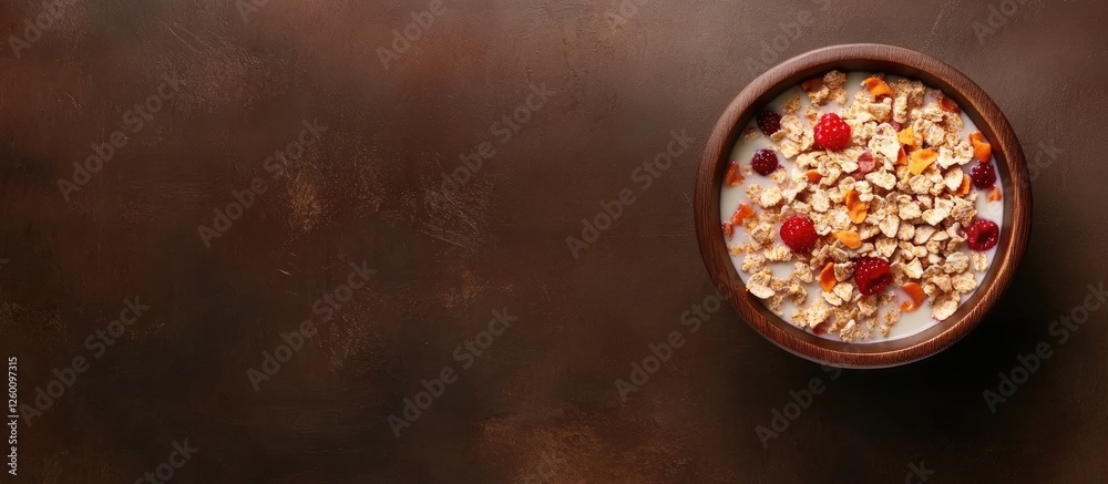 Poster cereal with milk topped with fresh strawberries and raspberries in a dark wooden bowl on a textured 