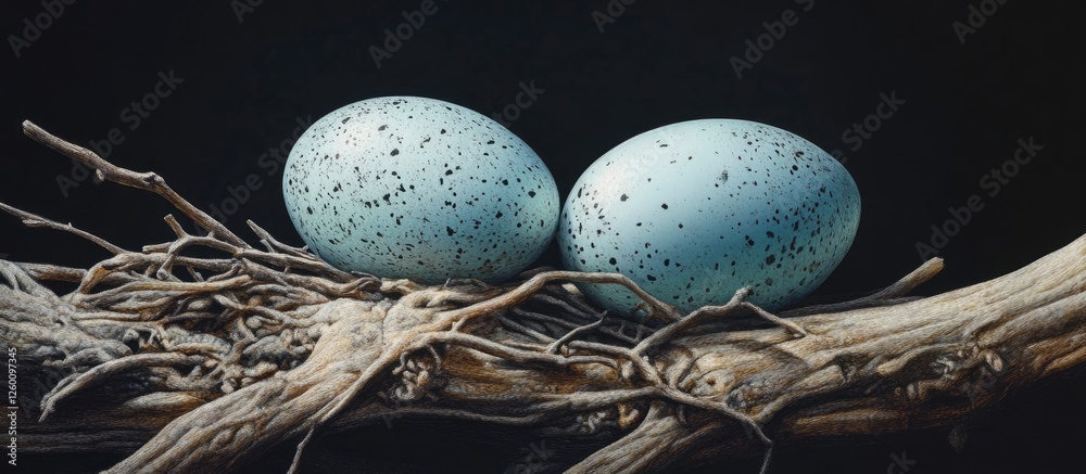 Poster elegant blue speckled bird eggs resting on a rustic branch against a dark background, creating a tra