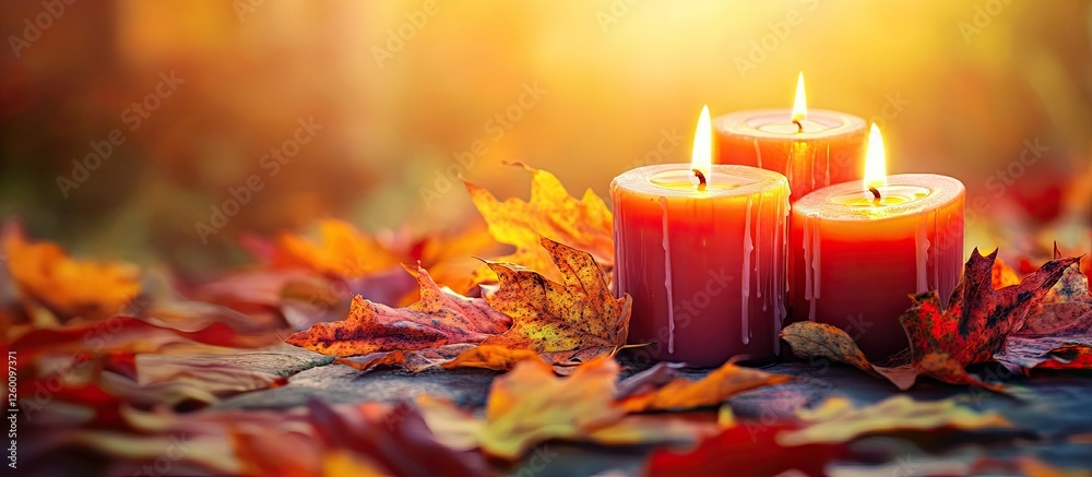 Poster vibrant autumn leaves in shades of orange and red surround three glowing candles, creating a warm an