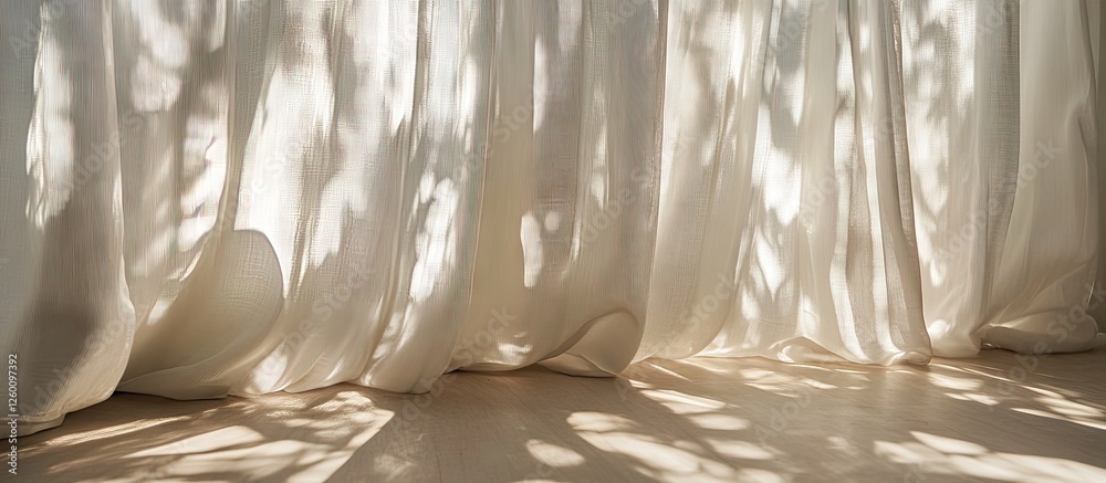 Fototapete light airy fabric curtains with soft shadows on a warm wooden floor creating a serene and inviting a