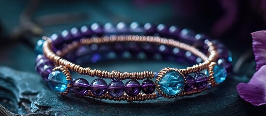 Purple and aquamarine beaded bracelet with intricate wirework on a dark textured background featuring floral accents and soft lighting