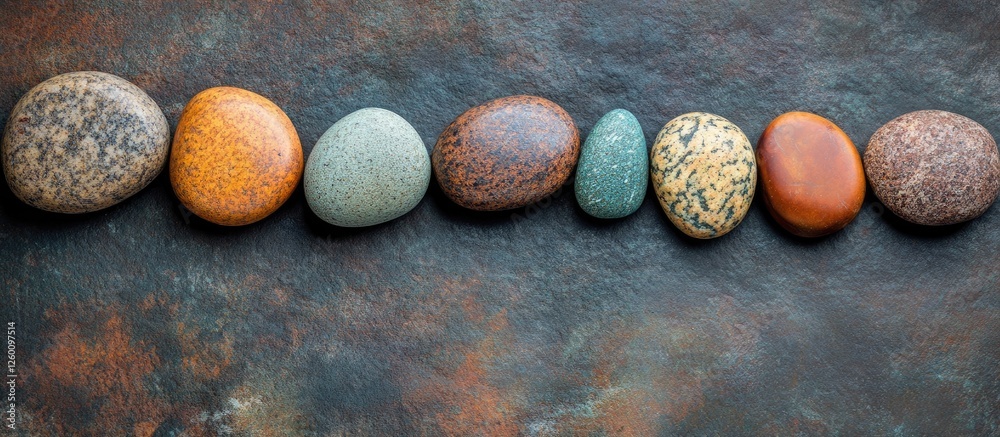 Aufkleber Colorful pebbles arranged in a balanced line on a rustic dark textured background showcasing orange, green, and brown hues in various sizes.