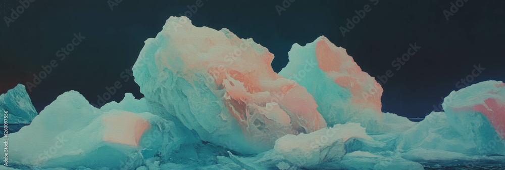 Poster Artistic rendering of textured ice formations with mesh and plastic elements in a chilly environment