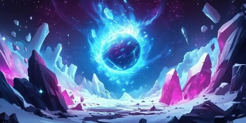 A celestial sphere dominates a landscape of crystalline formations