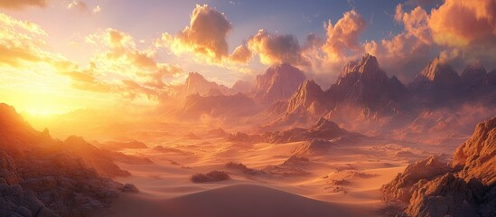 Majestic sunset over a desert landscape with soft orange and pink hues illuminating mountains in the background and sandy dunes in the foreground.