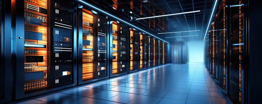 High-tech server room with illuminated racks and sleek design during nighttime