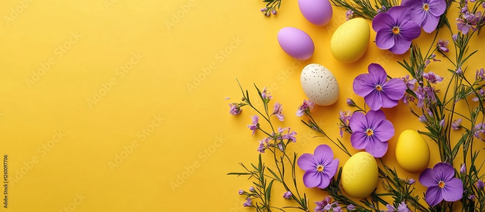 Poster easter composition featuring vibrant yellow background with purple flowers and colored eggs arranged