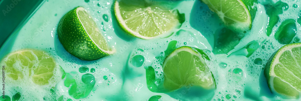 Poster Mint green milk with lime ripples and wedges creating a refreshing drink experience