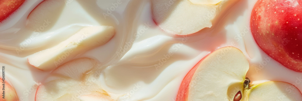Poster Fresh apple slices and ripples on a smooth milky surface create a serene composition