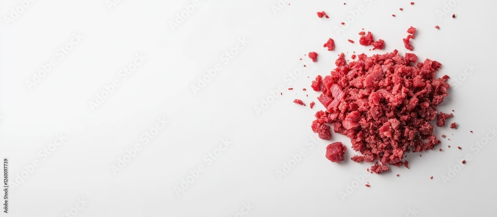 Aufkleber Minced meat displayed on a white background highlights its texture with vibrant red tones and scattered crumbs on the left side, emphasizing freshness.