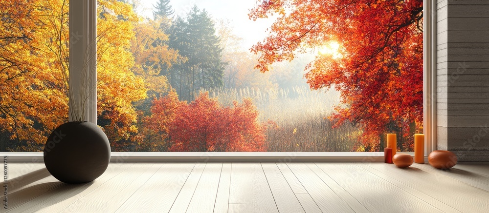 Leinwandbilder serene autumn landscape view through large window showcasing vibrant orange and yellow foliage with 