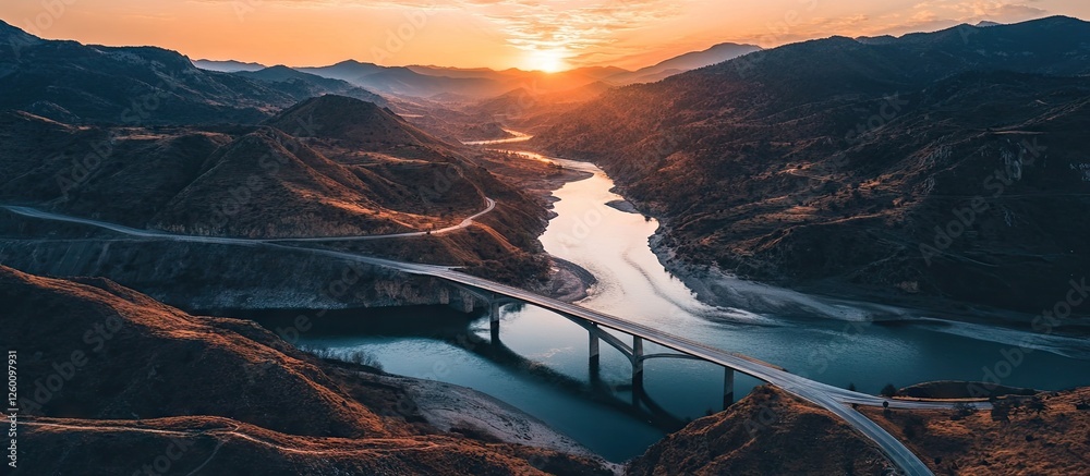 Poster scenic aerial view of rugged mountains at sunset with a winding river below and a bridge arching gra
