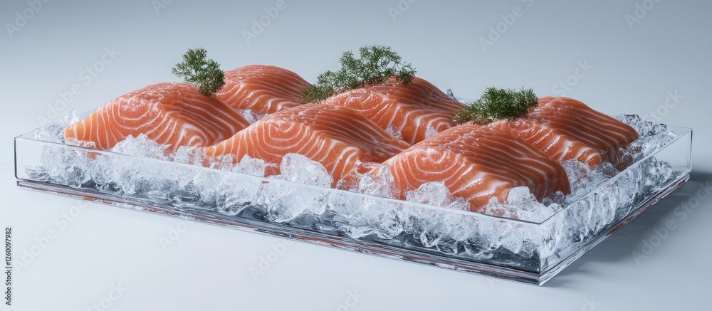 Poster freshly cut salmon fillets artfully displayed on a bed of ice in a sleek clear tray with subtle refl