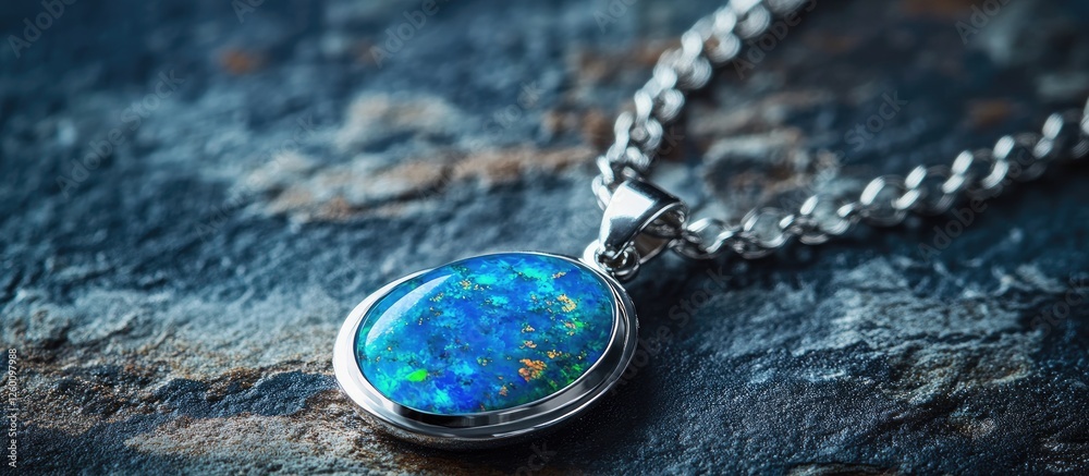 Poster elegant blue opal pendant on a silver chain resting on a textured dark stone surface with subtle ref
