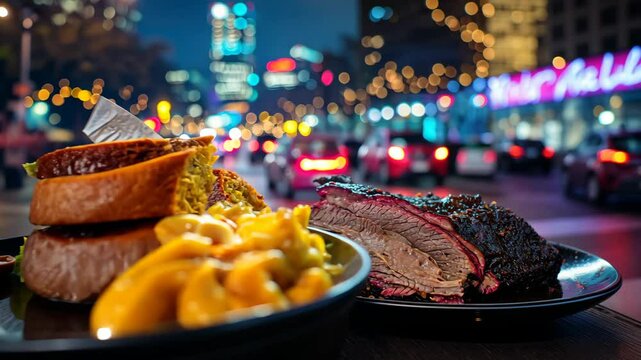 Delectable BBQ Brisket with Savory Mac and Cheese and Sweet Cornbread Against a Vibrant Cityscape