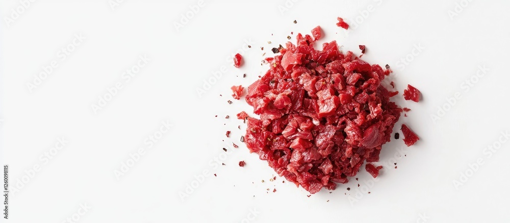 Poster Minced meat spread on a stark white background top down view showcasing rich red tones and distinct texture emphasizing freshness and quality