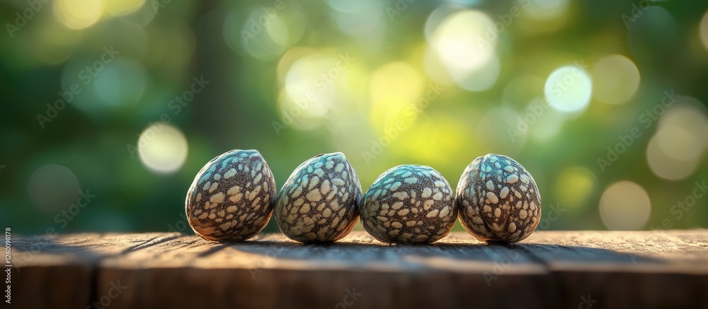 Poster four chia seed pods with speckled texture arranged in a row on a wooden surface, set against a softl