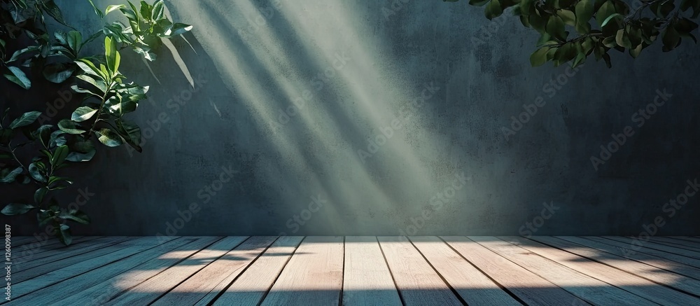 Aufkleber Empty picture frames arranged on a wall with wooden planks and soft sunlight filtering through, creating shadows on the floor.