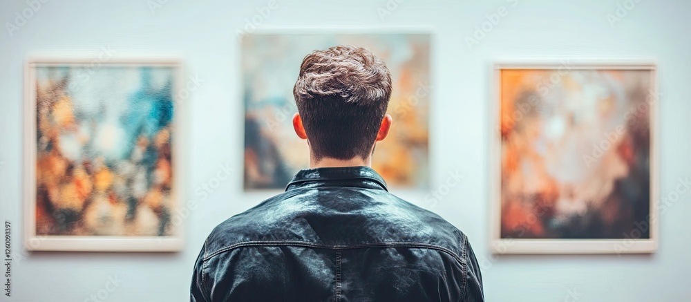 Poster Man in a black leather jacket admires abstract art in an art gallery with blurred paintings on the wall, soft colors creating an engaging atmosphere.