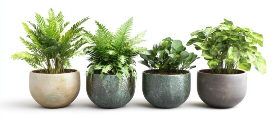 Vibrant lush green plants in classic ceramic pots arranged side by side highlighting rich textures and colors on a clean white background